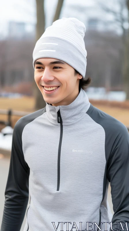 Smiling Young Man in Nike Beanie at Park AI Image