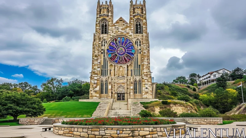 AI ART Stunning Church with Stained Glass Window in Serene Landscape