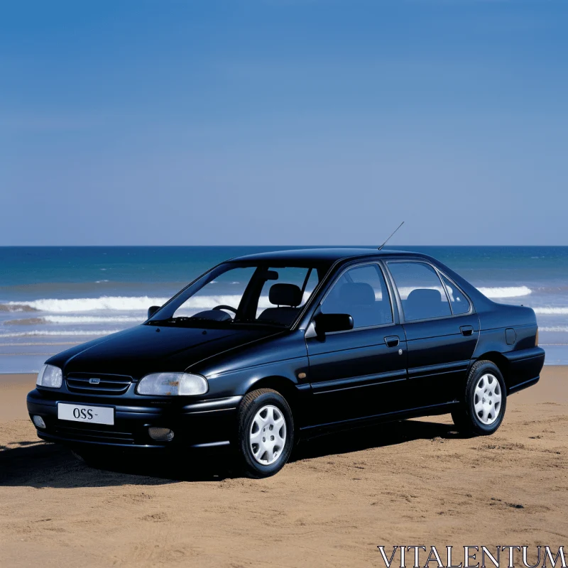 Black Car Parked on Beach | Classic Elegance | 1990s | Light Navy AI Image