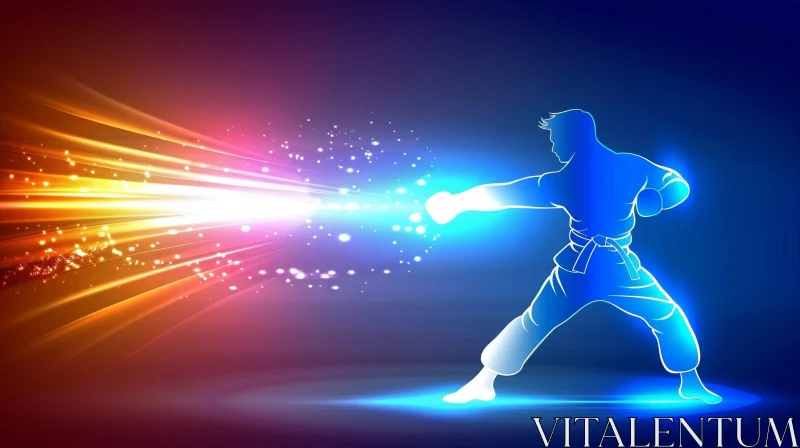 Blue Neon Karate Man Vector Art AI Image
