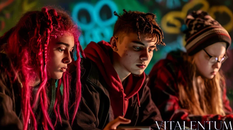 Captivating Scene of Teenagers Engrossed in Technology AI Image