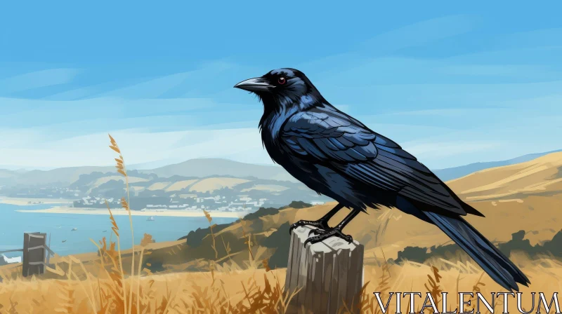 Crow in Field Digital Painting AI Image