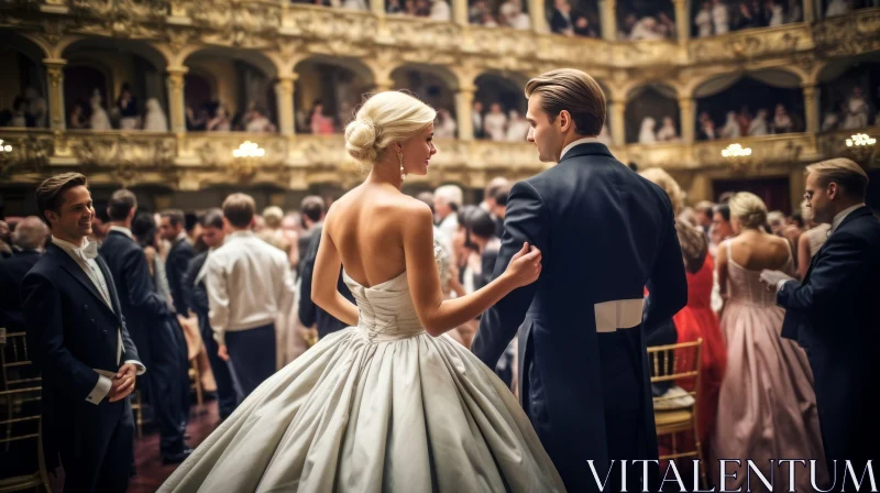Elegant Couple in Formal Evening Wear Walking in Ballroom AI Image