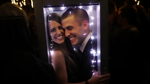 Enchanting Moment: Young Couple Smiling in Fairy Light Photo Booth