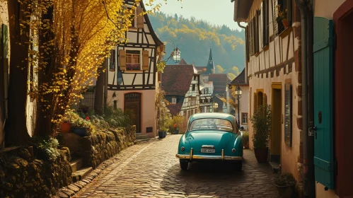 European Village Street Scene with Half-Timbered Houses and Vintage Car