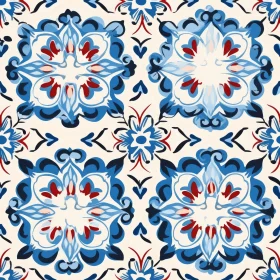 Floral Hand-Painted Tile Pattern in Blue, Red, and White