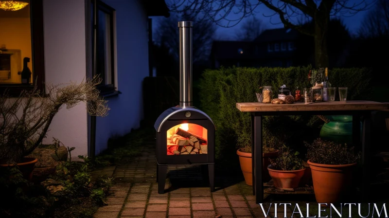 Modern Stainless Steel Pizza Oven in Night Backyard AI Image