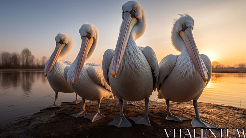 Pelicans at Sunset by the Lake AI Image
