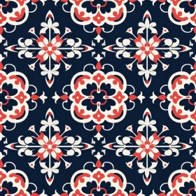 Red and White Floral Moroccan Tile Pattern on Dark Blue Background