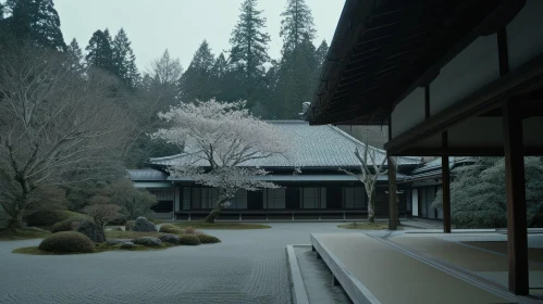 Serene Zen Garden with Blooming Cherry Blossom Tree