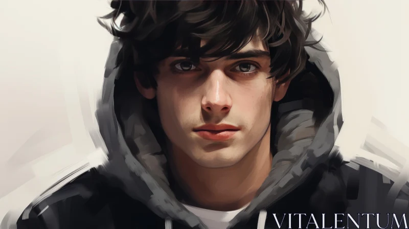 Serious Young Man Portrait in Black Hoodie AI Image