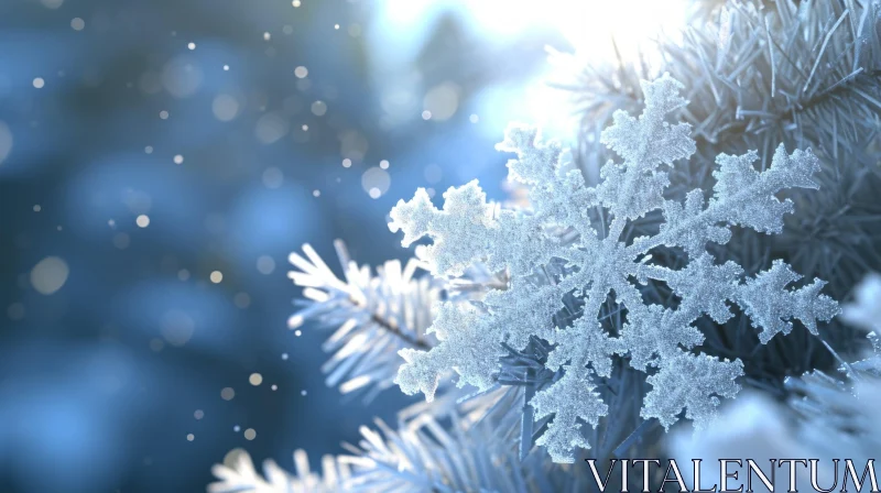 Snowflake Close-up on Pine Tree Branch AI Image