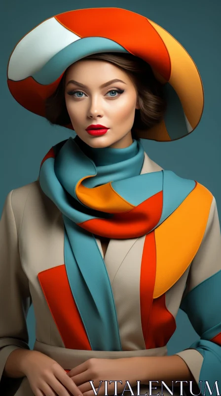 Stylish Woman in Color Block Hat and Scarf AI Image