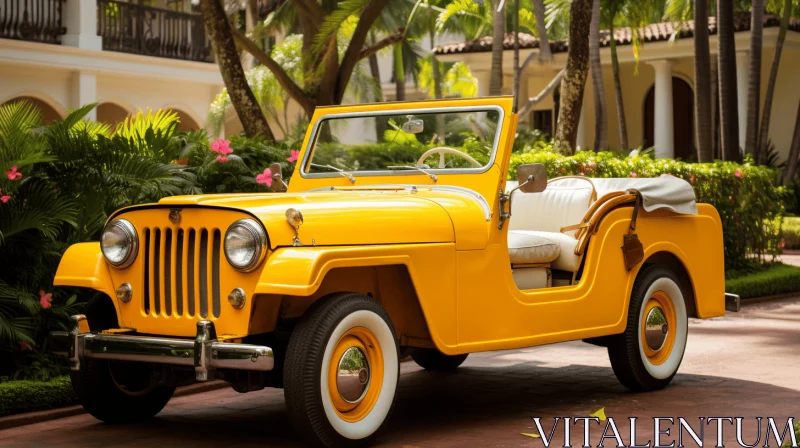Vintage Yellow Jeep Parked Near Palm Trees | Retro Charm AI Image