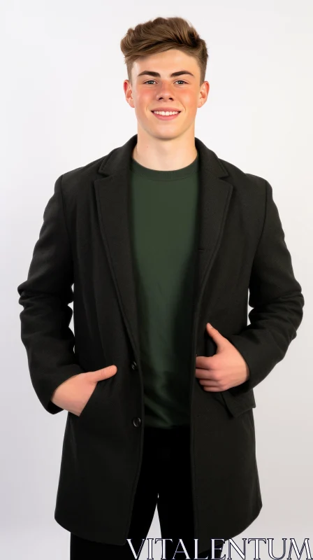 Young Man Portrait in Black Suit and Green Sweater AI Image