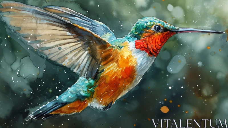 Beautiful Watercolor Painting of a Hummingbird in Flight AI Image