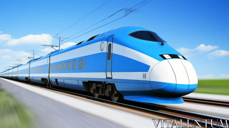 Blue and White High-Speed Train on Railroad Tracks AI Image