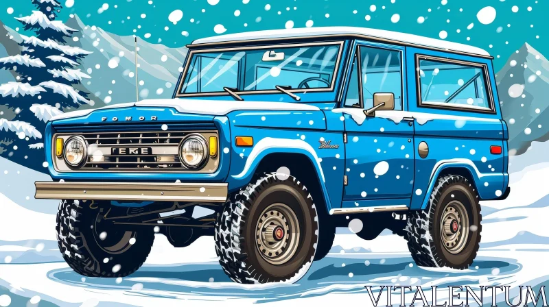 Blue Ford Bronco in Snowy Field - Classic American Off-Road Vehicle AI Image
