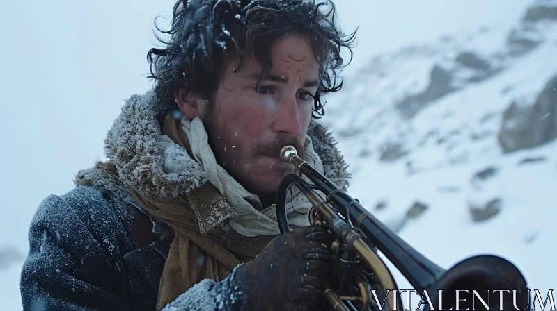 Captivating Image of a Man Playing Trumpet in Snowy Mountain Landscape AI Image