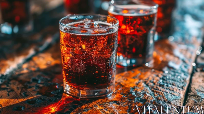 Close-up of Fizzy Cola Glass on Wooden Table AI Image