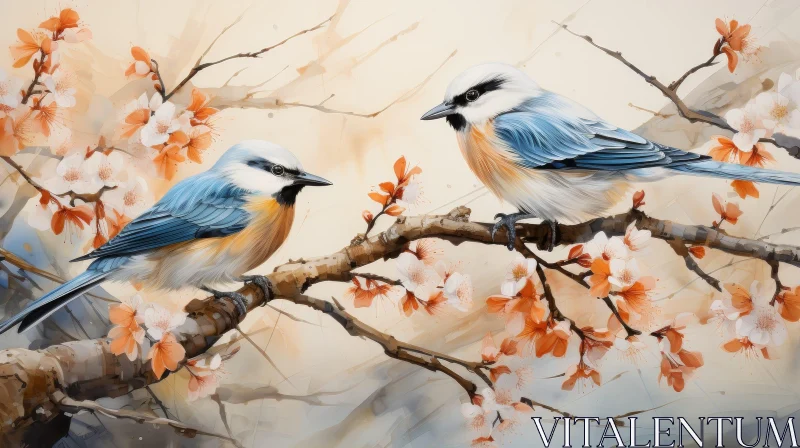Delicate Birds Watercolor Painting for Spring Decor AI Image