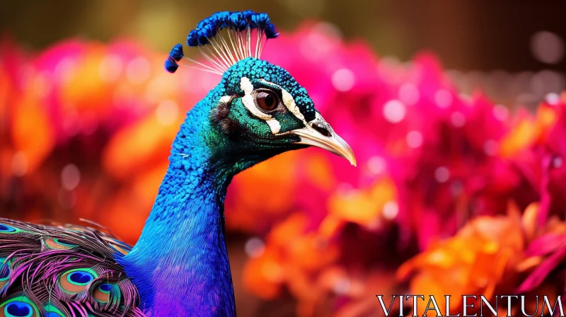 Exquisite Peacock Portrait Among Flowers AI Image