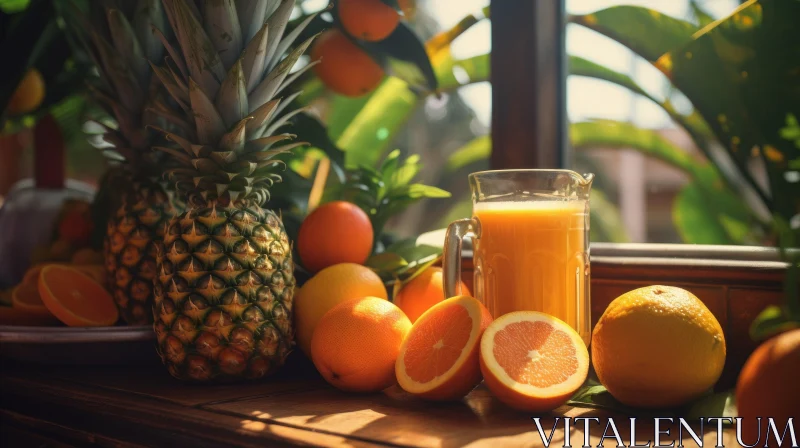 Fresh Fruit Still Life with Pitcher of Orange Juice AI Image