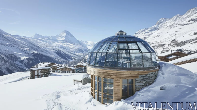 Futuristic Glass and Wood Igloo on Snowy Mountainside AI Image
