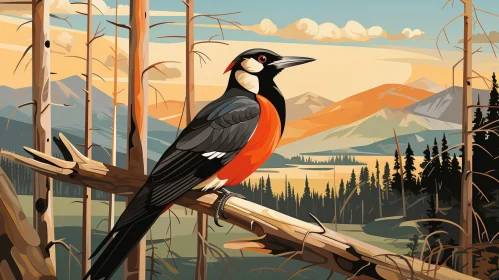 Pileated Woodpecker in Mountain Landscape Illustration
