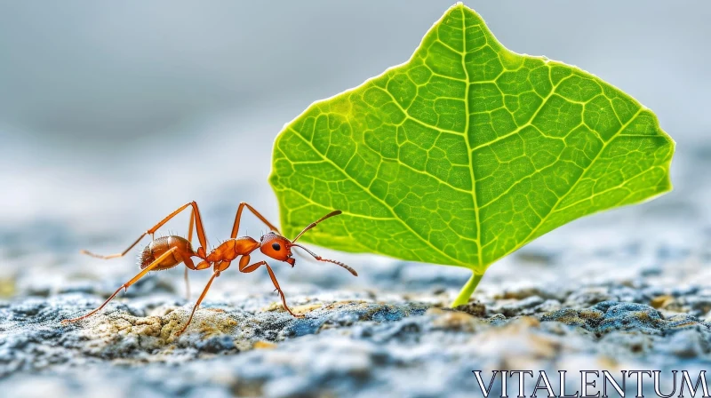 AI ART Red Ant Carrying Green Leaf - Close-up Nature Photo