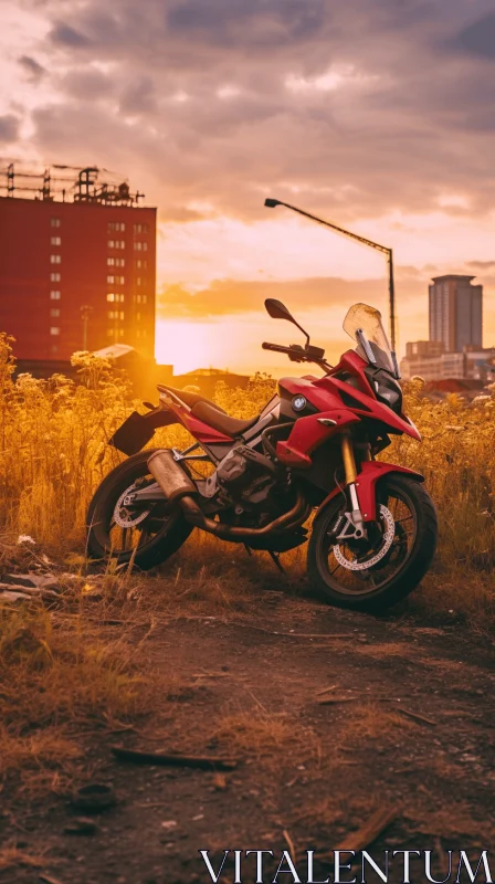 Red Motorcycle on Dirt Road: A Captivating Urban Portrait AI Image