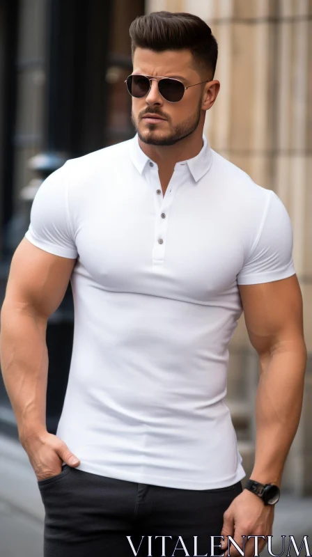 Serious Man Portrait in White Polo Shirt AI Image