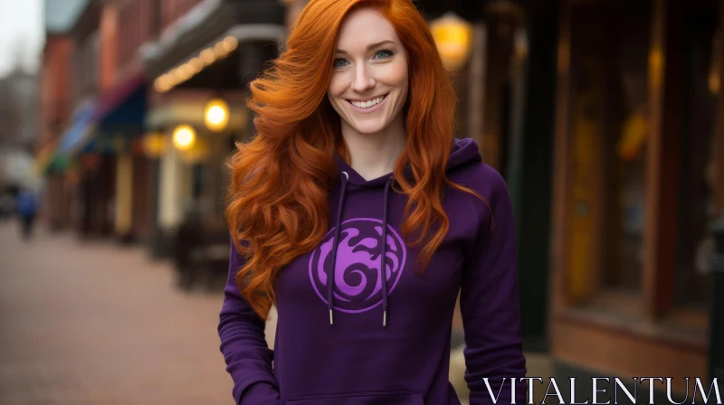 AI ART Smiling Red-Haired Woman in Purple Hoodie