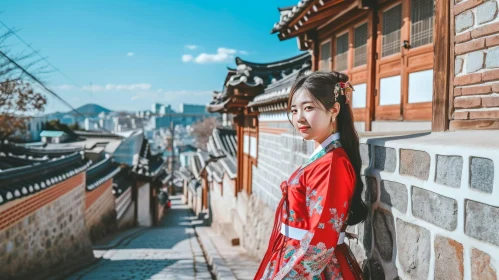 Traditional Korean Woman in Red Hanbok | Captivating Village Scene