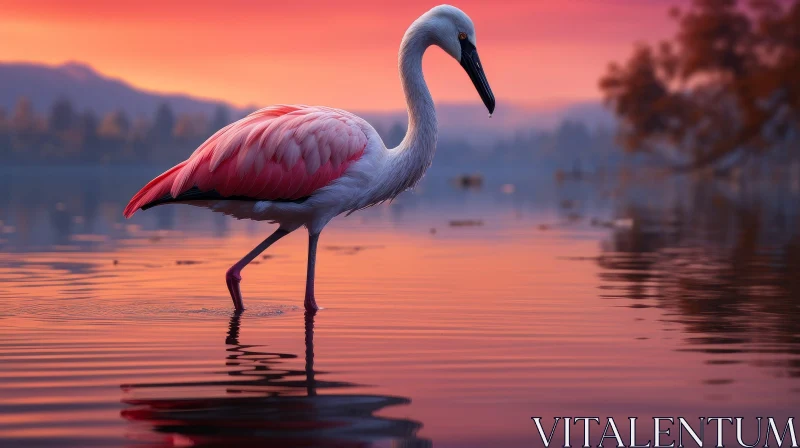 Tranquil Flamingo at Sunset in a Reflective Lake AI Image