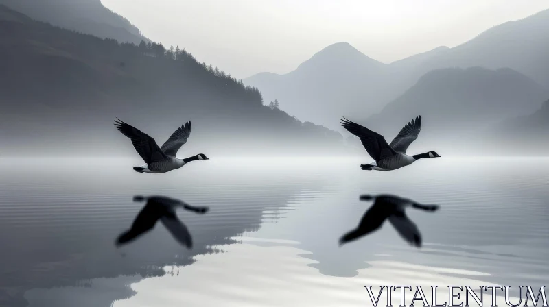 Tranquil Scene of Geese Flying Over a Lake with Snow-Covered Mountains AI Image