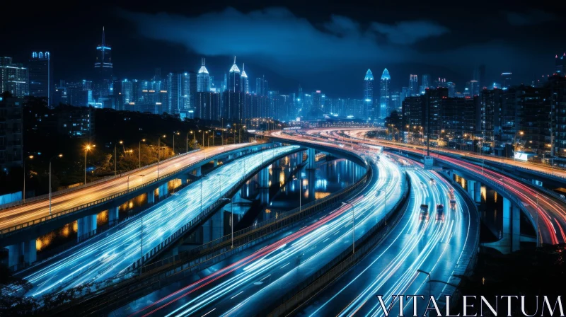 Urban Expressway Night Photo - City Skyline Lights AI Image