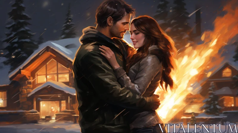 Winter Romance Painting Near Fireplace AI Image