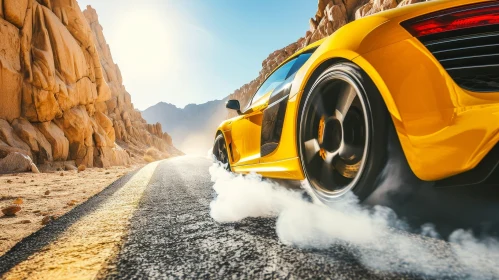 Yellow Sports Car Racing in Mountainous Landscape