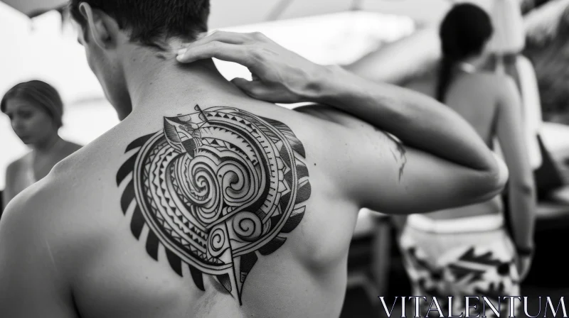 Black and White Photo of a Man with a Polynesian Tattoo AI Image