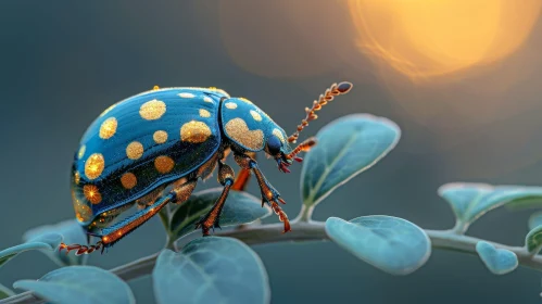 Blue and Gold Beetle on Green Leaf - 3D Rendering