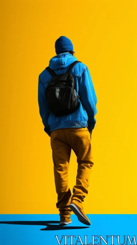 Blue Hat Person Standing on Yellow Background AI Image