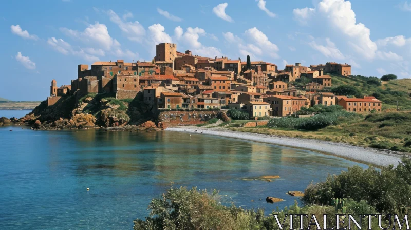 Breathtaking Coastal Village with Castle on Hill | Serene Beauty AI Image