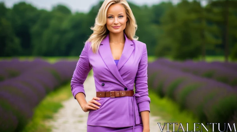 Chic Woman in Purple Suit Standing in Lavender Field AI Image