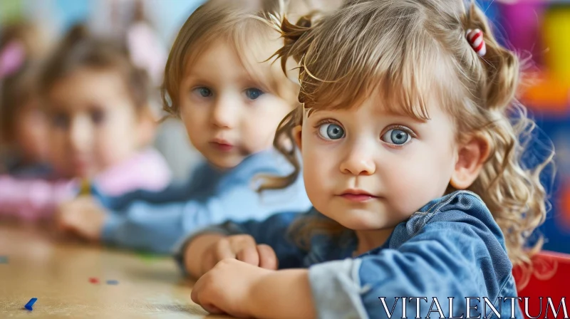 Close-up of a Little Girl with Blonde Hair and Blue Eyes AI Image