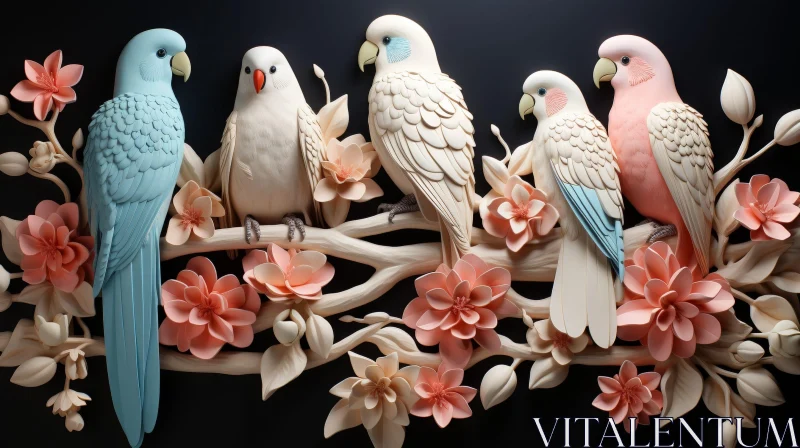 AI ART Colorful Parrots on Branch with Pink Flowers - 3D Rendering