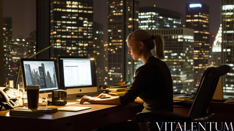 Dedicated Woman Working Late in Dimly Lit Office AI Image