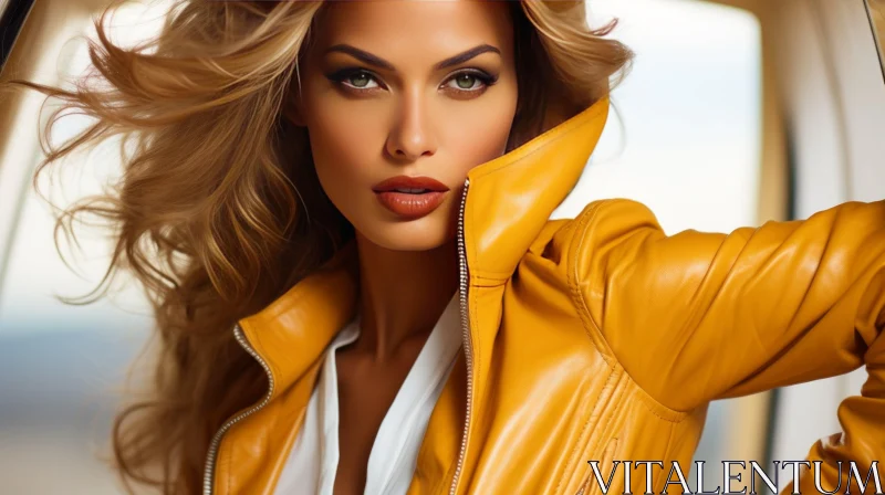 Elegant Young Woman Portrait in Yellow Jacket AI Image