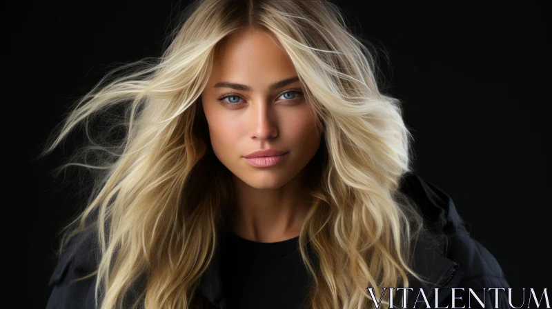 Intense Woman Portrait with Blond Hair in Black Sweater AI Image