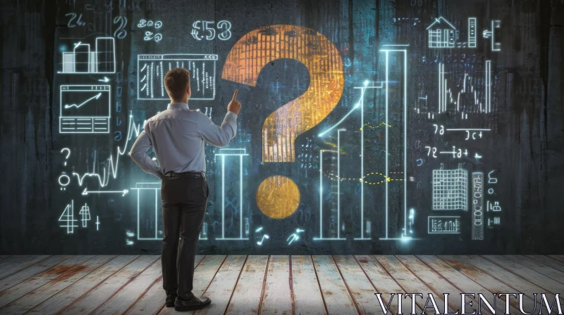 Mysterious Man Pointing at Question Mark on Blackboard AI Image